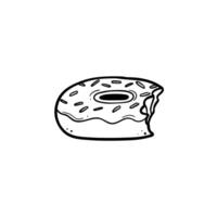 bitten donut doodle line art with sprinkles side view hand drawn illustration black line on white isolated background vector