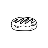 doughnut cake doodle line art with glaze icing topping side view hand drawn illustration black line on white isolated background vector