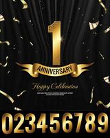 Elegant 1 Year Anniversary Celebration Banner template with Golden Numbers, ribbon, confetti and sparkling dot halftone glitters vector
