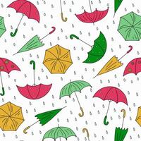 Pattern of drawings of colorful cartoon umbrellas. Open and closed umbrella, doodles. Seamless background. vector