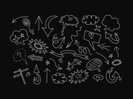 Doodle elements set. Arrows, heart, items for conceptual design. Speech bubble, cloud for text. White icons, isolated background. vector
