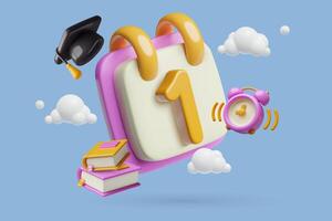 3d school background with the 1st of September calendar page alarm clock textbooks and student cap vector