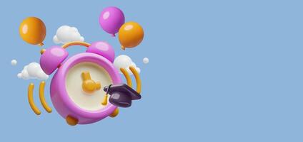 Back to school 3D background with alarm clock student cap holiday balloons and copy space vector