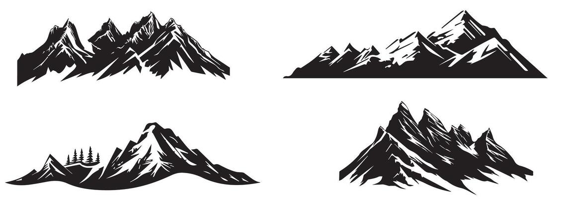 Set of Black and White Mountain Silhouette Illustrations. Designs of Mountain Ranges