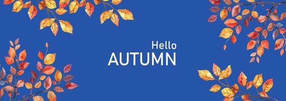 Hello Autumn Banner with Colorful Falling Leaves on Blue Background. Fall Template for Advertising, Web, Social media Seasonal Promotions and Events vector