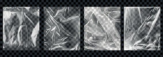 Transparent Plastic Wrap Texture Collection. Set Realistic Wrinkled Plastic Film Overlays on Transparent Background. Realistic set of square plastic package mockup vector