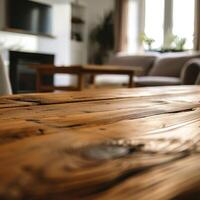 a wooden table in a living with a blurred background photo