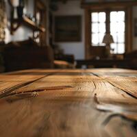 a wooden table in a living with a blurred background photo