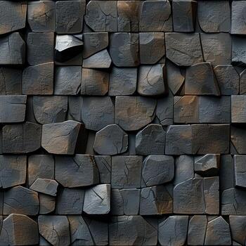 Tumbled Cobble Limestone Stone wall with a repeating pattern of textured stone squares in earthy tones photo