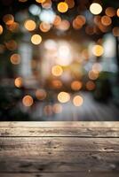 Empty wooden table in blur background of restaurant at night photo