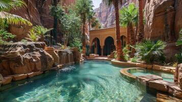 A tranquil oasis in a desert with palm trees and a small pool photo