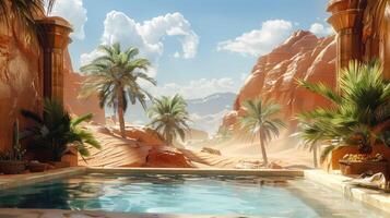 A tranquil oasis in a desert with palm trees and a small pool photo