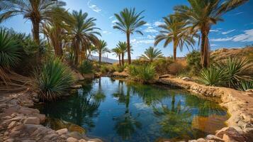 A tranquil oasis in a desert with palm trees and a small pool photo
