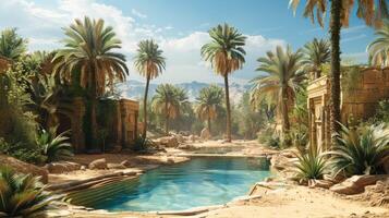 A tranquil oasis in a desert with palm trees and a small pool photo