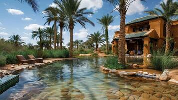 A tranquil oasis in a desert with palm trees and a small pool photo