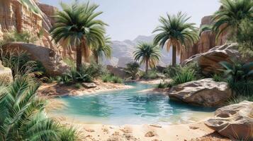 A tranquil oasis in a desert with palm trees and a small pool photo