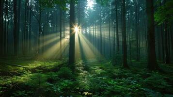 A misty morning in a dense forest with sun rays filtering through photo
