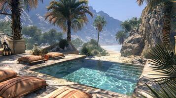 A tranquil oasis in a desert with palm trees and a small pool photo