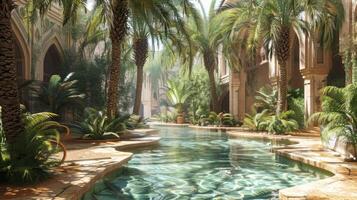 A tranquil oasis in a desert with palm trees and a small pool photo