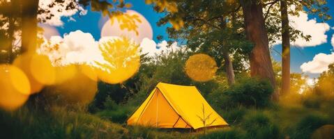 small yellow tent in nature with beautiful view. photo