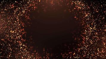 Abstract round sphere of shiny orange-gold dust particles with magical glow on a dark background, energy ball of bright dots, movement of a spherical ball. Seamless 4K looping video