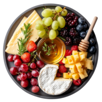 Cheese plate. Brie cheese served with fruits and honey on gray plate.isolated on transparent background With clipping path.3d render png