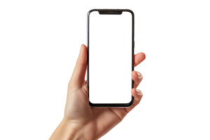 Blank white screen of Mobile phone with hand holding phoneisolated on transparent background With clipping path.3d rendering png