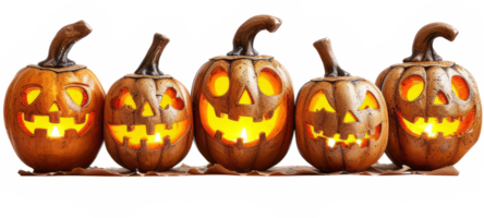 Five Halloween glowing lantern pumpkins in a row isolated on transparent background With clipping path, cut out. 3d render png