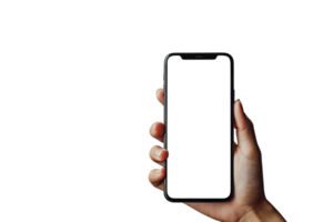 Close up hand holding holding black mobile phone with blank white screen isolated on transparent background With clipping path.3d render png