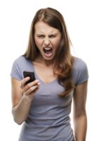 Angry woman yelling at smartphone while standing, cut out - stock png. png