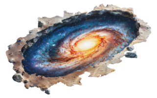 Spiral galaxy image showing a realistic crack in the surface, cut out - stock png. png