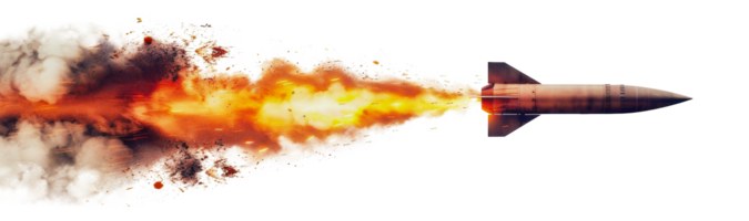 A missile with a fiery trail blazing through the sky, cut out - stock png. png