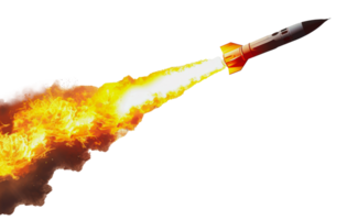 Missile rocket launching with fiery trail, cut out - stock png. png