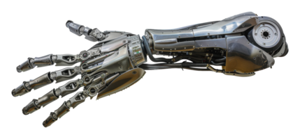 Detailed view of a metallic robot hand reaching out, cut out - stock png. png