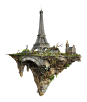 Eiffel tower and stone bridge on a floating island, cut out - stock png. png