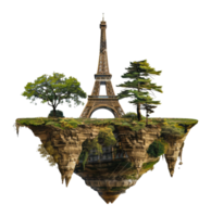 a eiffel torre em pé em uma flutuando ilha com exuberante árvores, cortar Fora - estoque png. png