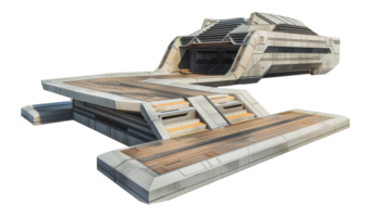 Futuristic spacecraft docked at landing platform, cut out - stock png. png