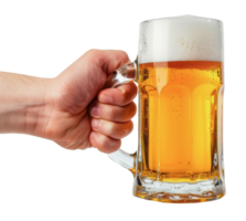 Hand holding a full glass of beer with foam on top, cut out - stock png. png