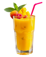 Refreshing mango smoothie with strawberry and raspberry garnish, cut out - stock png. png