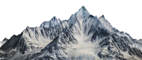 Snow-covered mountain range with rugged peaks and a white sky, cut out - stock png. png