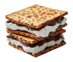 Stack of graham cracker smores with melted chocolate and marshmallow, cut out - stock png. png