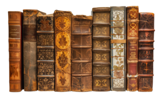 A row of ornate, leather-bound books with intricate designs, cut out - stock png. png