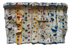 Indoor climbing wall with colorful holds and yellow stripe, cut out - stock png. png