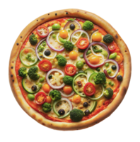 Vegetarian pizza with broccoli, tomatoes, and onions, cut out - stock png. png