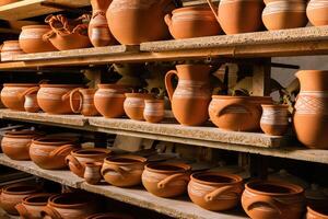 Freshly made clay mugs, pots and bowls drying up on wooden shelves in pottery workshop. Handmade ceramics manufacture. Different clay pots in workshop. photo
