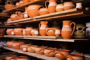 Freshly made clay mugs, pots and bowls drying up on wooden shelves in pottery workshop. Handmade ceramics manufacture. Different clay pots in workshop. photo