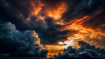 Sunlight illuminating a colorful sky through dark dramatic clouds. photo