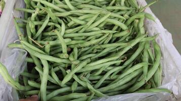 green beans on the market in containers photo
