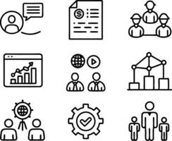 set of management icon illustration. enterprise, analysis, businessman, web, strategy, workplace, safety, communication, solution, worker vector
