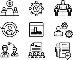 set of management icon illustration. enterprise, analysis, businessman, web, strategy, workplace, safety, communication, solution, worker vector